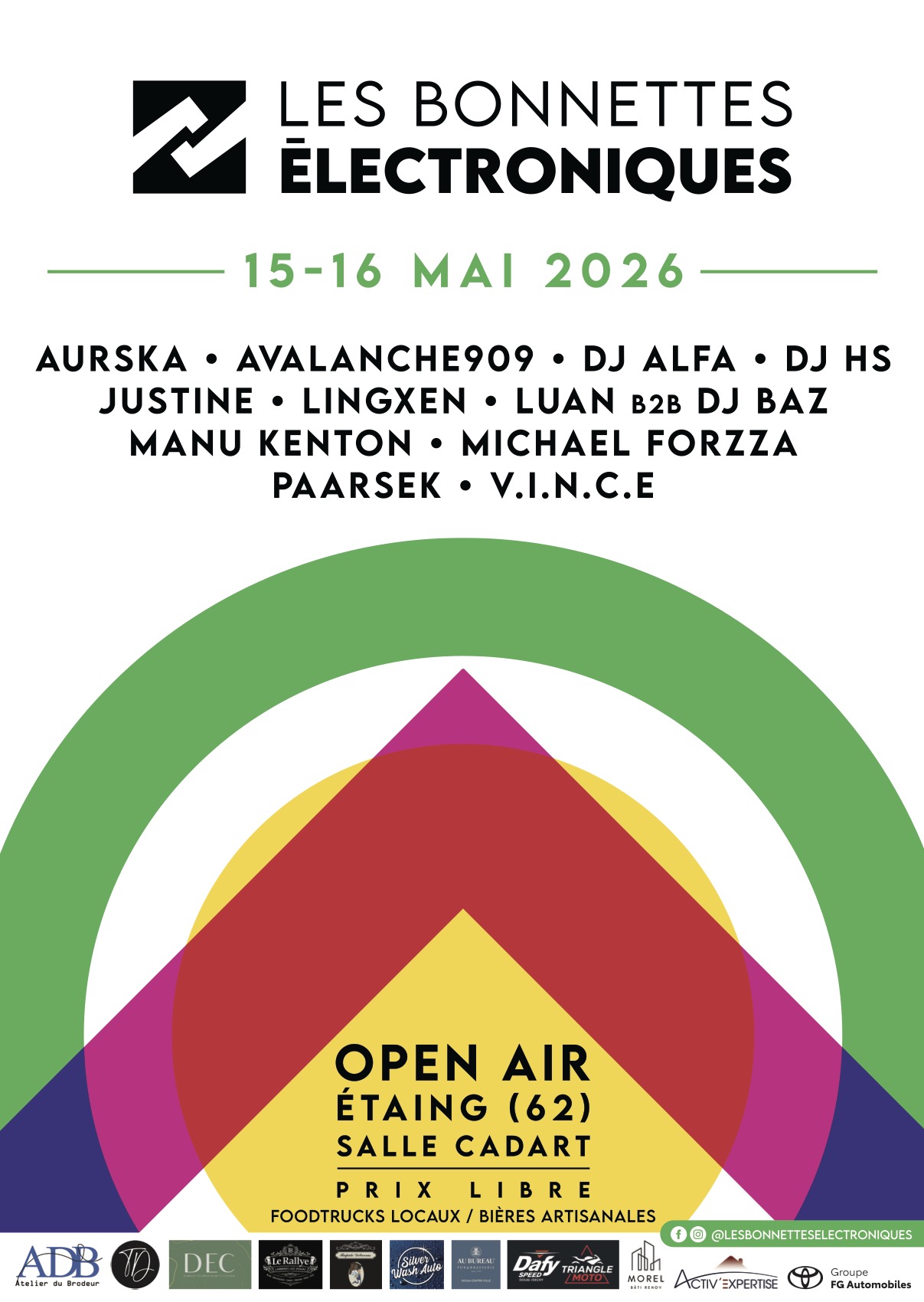 Affiche officielle de la deuxième édition du festival Les Bonnettes Électroniques à Étaing en 2026